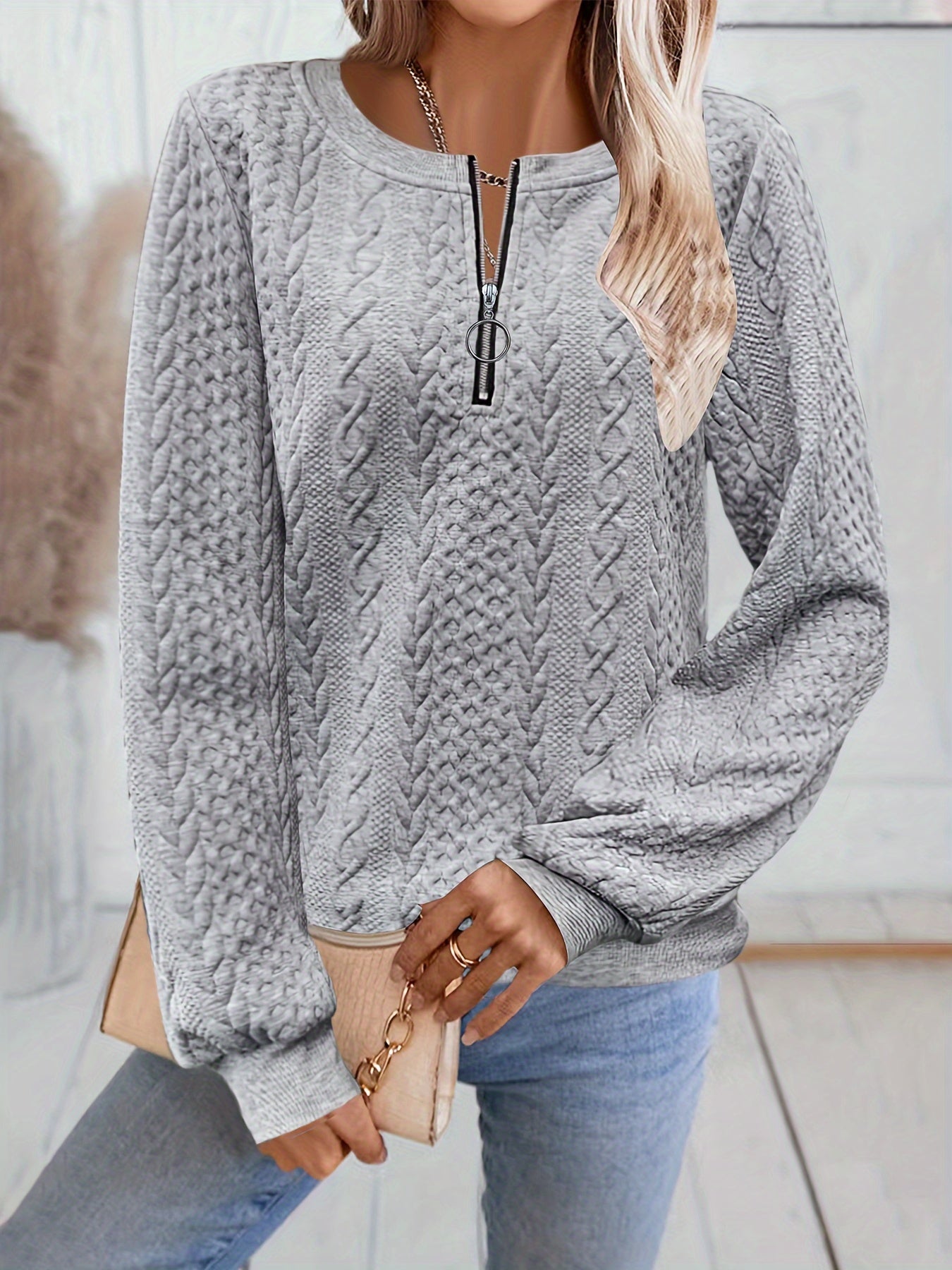Comfortable Textured Sweater for Women with Zip Neck Long Sleeve Relaxed Oversized Knit Style