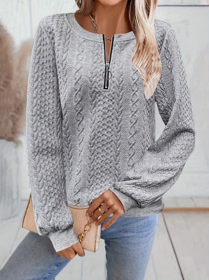 Comfortable Textured Sweater for Women with Zip Neck Long Sleeve Relaxed Oversized Knit Style
