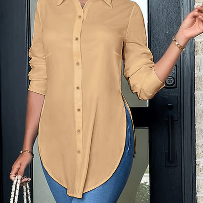 Effortless Tunic Blouse for Women with Collar Long Sleeve Button Front High Low Hem Style