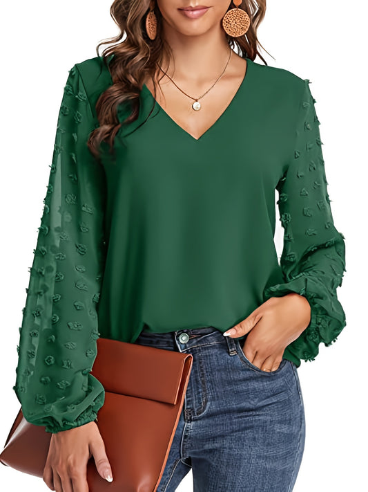 Elegant Swiss Dot Blouse for Women with V Neck Balloon Sleeve Relaxed Silky Style