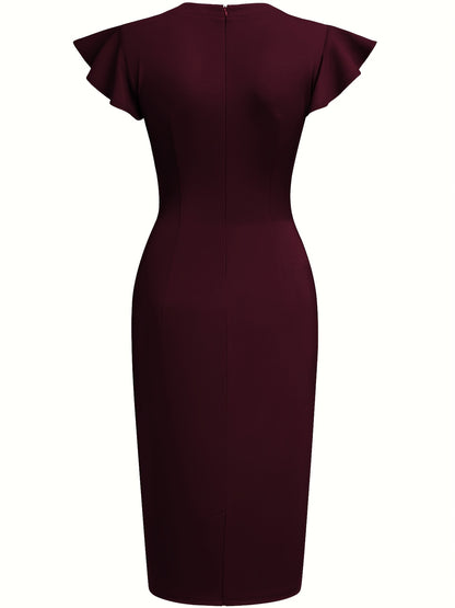 Elegant Sheath Midi Dress for Women with Round Neck Flutter Sleeve Studded Trim Bodycon Style