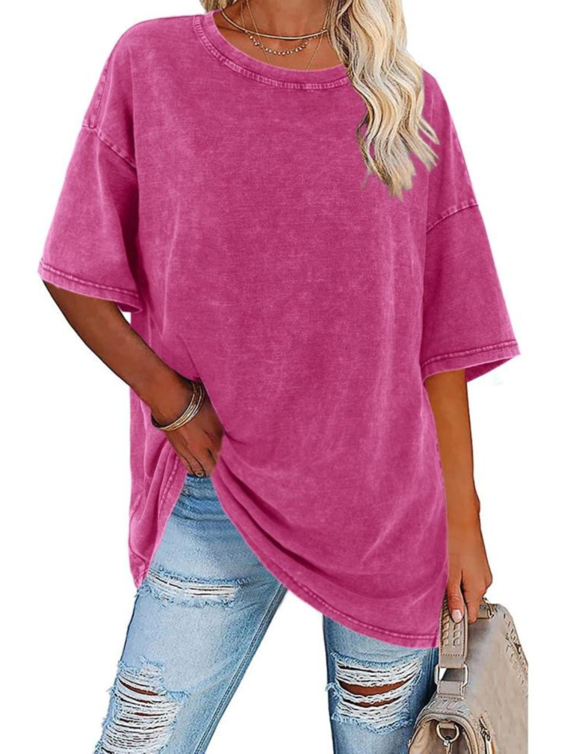 Comfortable Washed Cotton Tunic Top for Women with Crew Neck Short Sleeve Curved Hem Oversized Casual Style