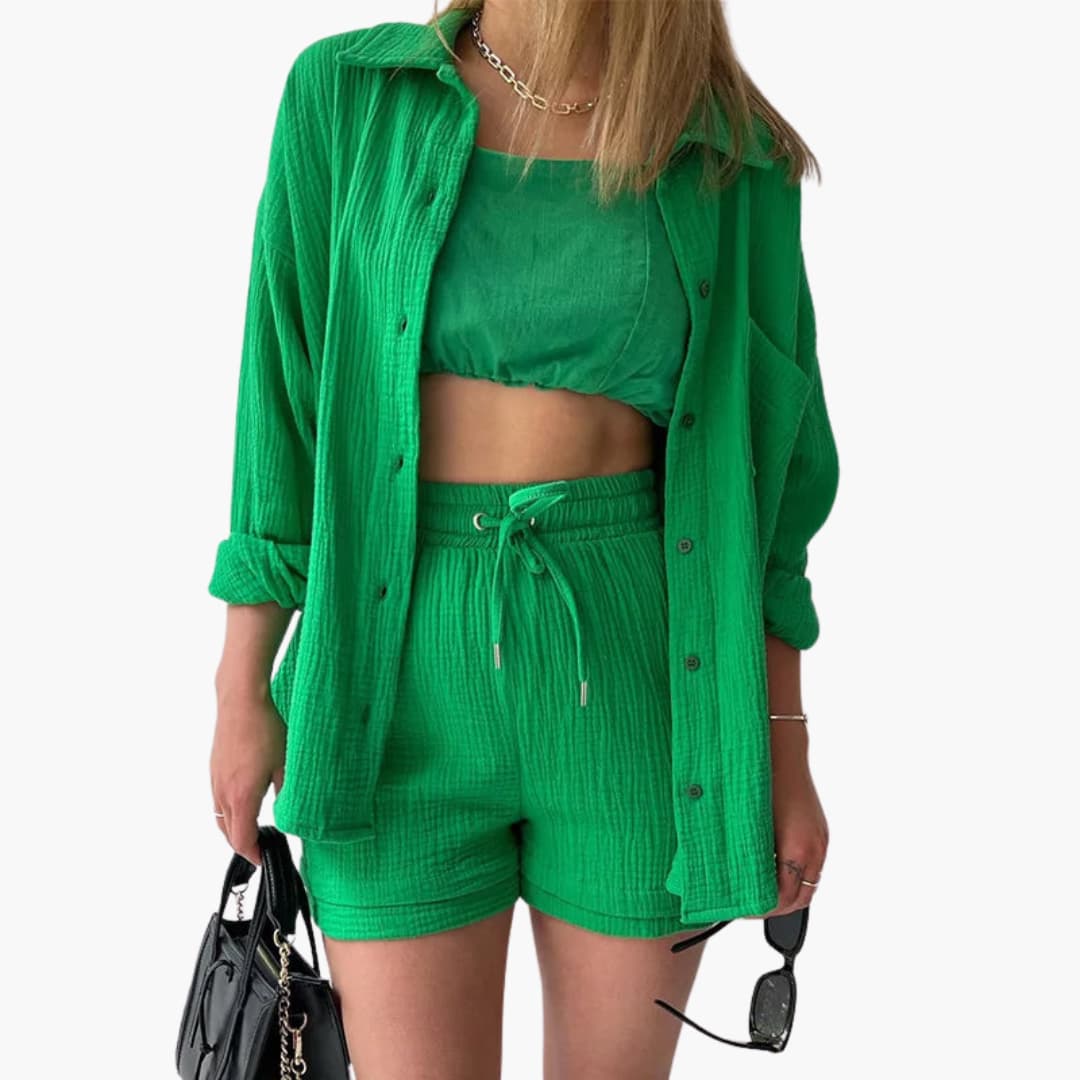 Effortless Cotton Gauze Two Piece Set for Women with Collared Button Front Long Sleeve Drawstring Shorts Relaxed Style