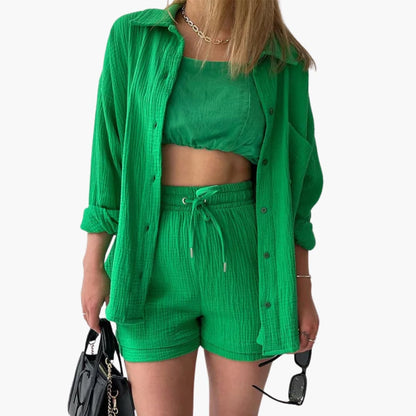 Effortless Cotton Gauze Two Piece Set for Women with Collared Button Front Long Sleeve Drawstring Shorts Relaxed Style