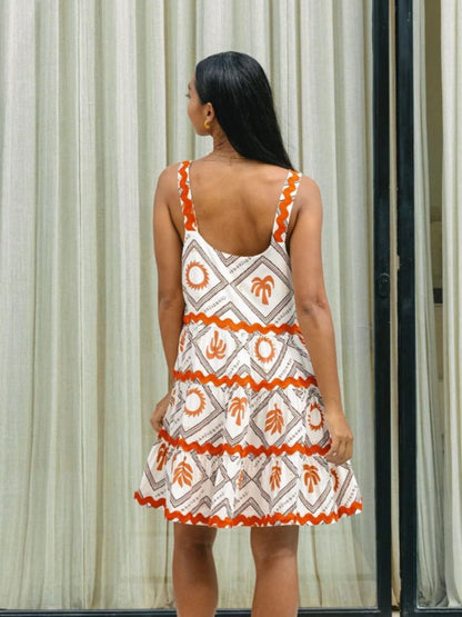 Effortless Ric Rac Trim Tiered Mini Dress for Women with Square Neck Sleeveless Ruffle Hem Bohemian Style