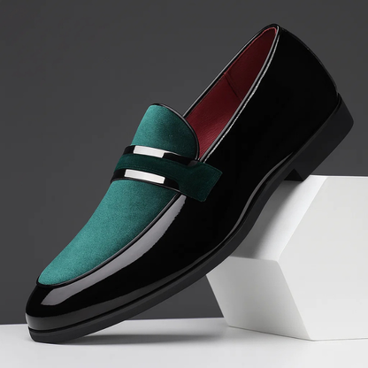 Elegant Velvet Patent Leather Loafer for Women with Pointed Toe Slip On Metallic Bar Formal Style