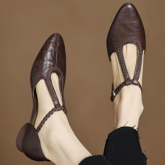 Elegant Croc Embossed T-Strap Flats for Women with Braided Strap Pointed Toe Block Heel Style