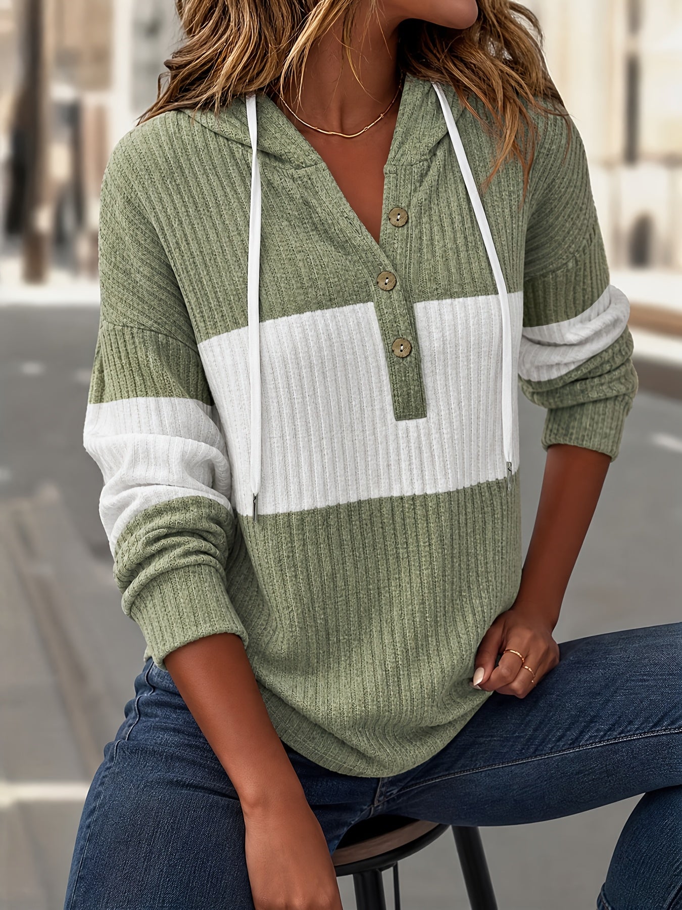 Comfortable Green Ribbed Knit Hoodie for Women with V Neck Long Sleeve Button Placket Relaxed Style