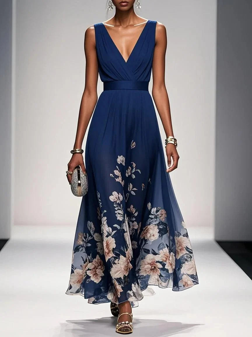 Effortless Floral Maxi Dress for Women with V Neck Sleeveless Flowing Formal Wedding Guest Style