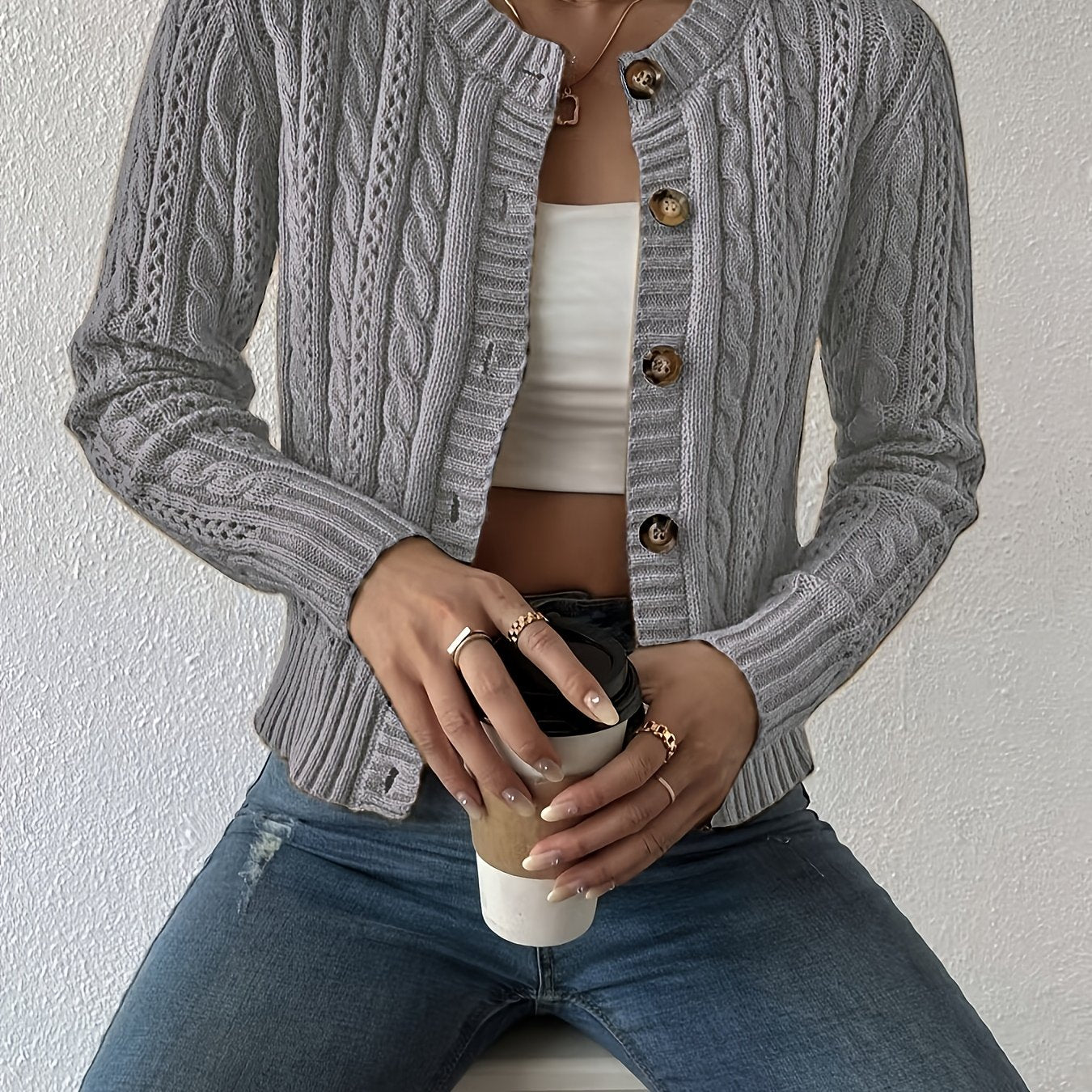 Comfortable Cable Knit Cardigan Sweater for Women with Round Neck Long Sleeve Button Front Cropped Relaxed Style