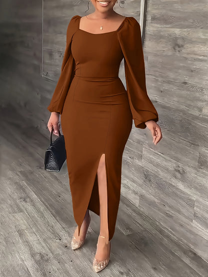 Elegant Bodycon Midi Dress for Women with Square Neck Long Puff Sleeve Side Slit Cocktail Style