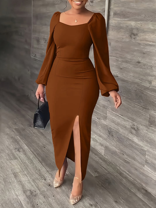 Elegant Bodycon Midi Dress for Women with Square Neck Long Puff Sleeve Side Slit Cocktail Style