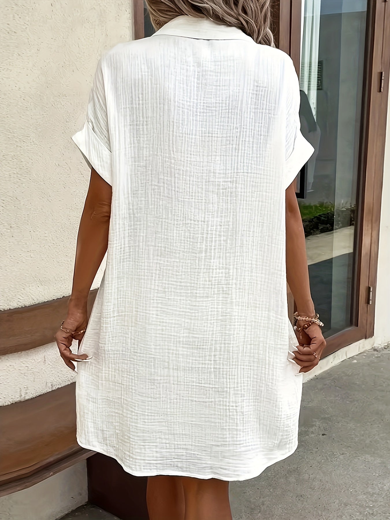 Effortless Textured Cotton Shirt Dress for Women with Collar Short Sleeve Button Front Relaxed Casual Style