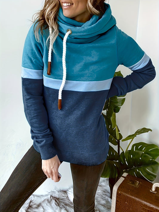 Comfortable Colorblock Hoodie for Women with Cowl Neck Long Sleeve Drawstring Oversized Knit Style