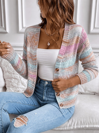 Comfortable Space Dye Cardigan Sweater for Women with V Neck Long Sleeve Button Front Cropped Knit Style