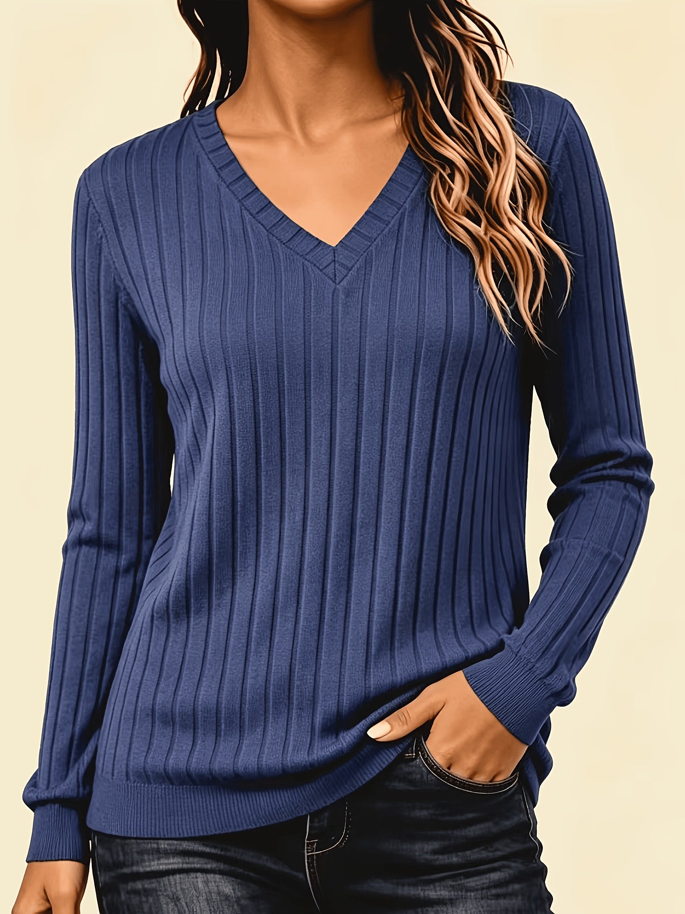 Comfortable Ribbed Knit Sweater for Women with V Neck Long Sleeve Relaxed Oversized Casual Style