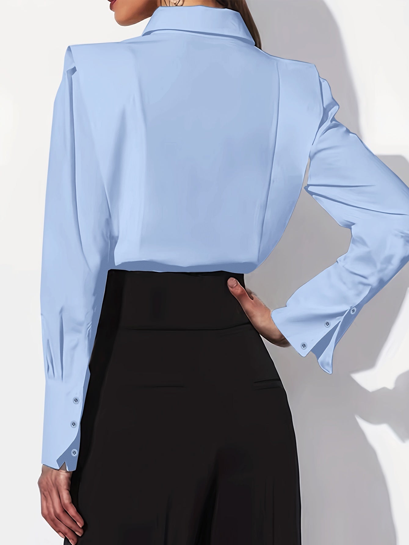 Elegant Power Shoulder Blouse for Women with Point Collar Long Sleeve Button Front Tailored Style