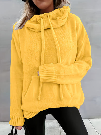 Comfortable Knit Sweater for Women with Cowl Neck Long Sleeve Drawstring Oversized Relaxed Style
