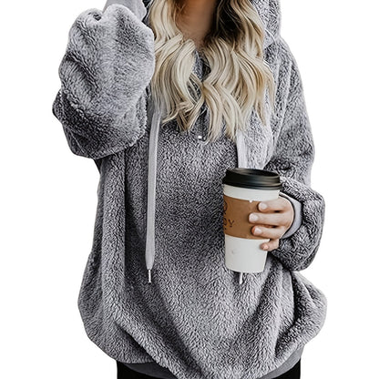 Comfortable Grey Sherpa Hoodie for Women with Quarter Zip Long Sleeve Relaxed Oversized Knit Style