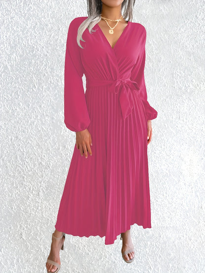 Elegant Pleated Wrap Maxi Dress for Women with V Neck Bishop Sleeve Belted Flowing Style