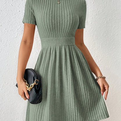 Comfortable Ribbed Knit Fit and Flare Mini Dress for Women with Round Neck Short Sleeve Smocked Waist Casual Style