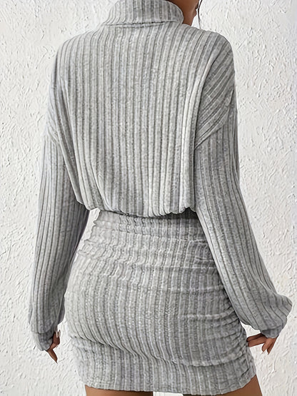 Comfortable Ribbed Mini Dress for Women with Mock Neck Long Sleeve Ruched Bodycon Sweater Style
