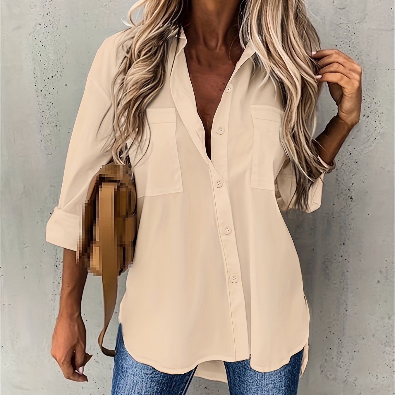 Effortless Button Front Blouse for Women with Collar V Neck Long Sleeve Relaxed Style