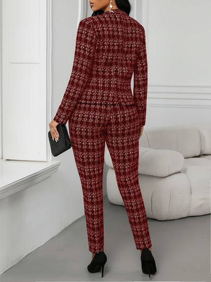 Elegant Plaid Tweed Two Piece Set for Women with Stand Collar Double Breasted Jacket Tailored Pant Formal Style