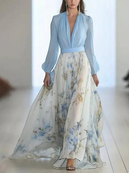 Effortless Blue Floral Maxi Dress for Women with V Neck Lantern Sleeve Flowing Bohemian Style