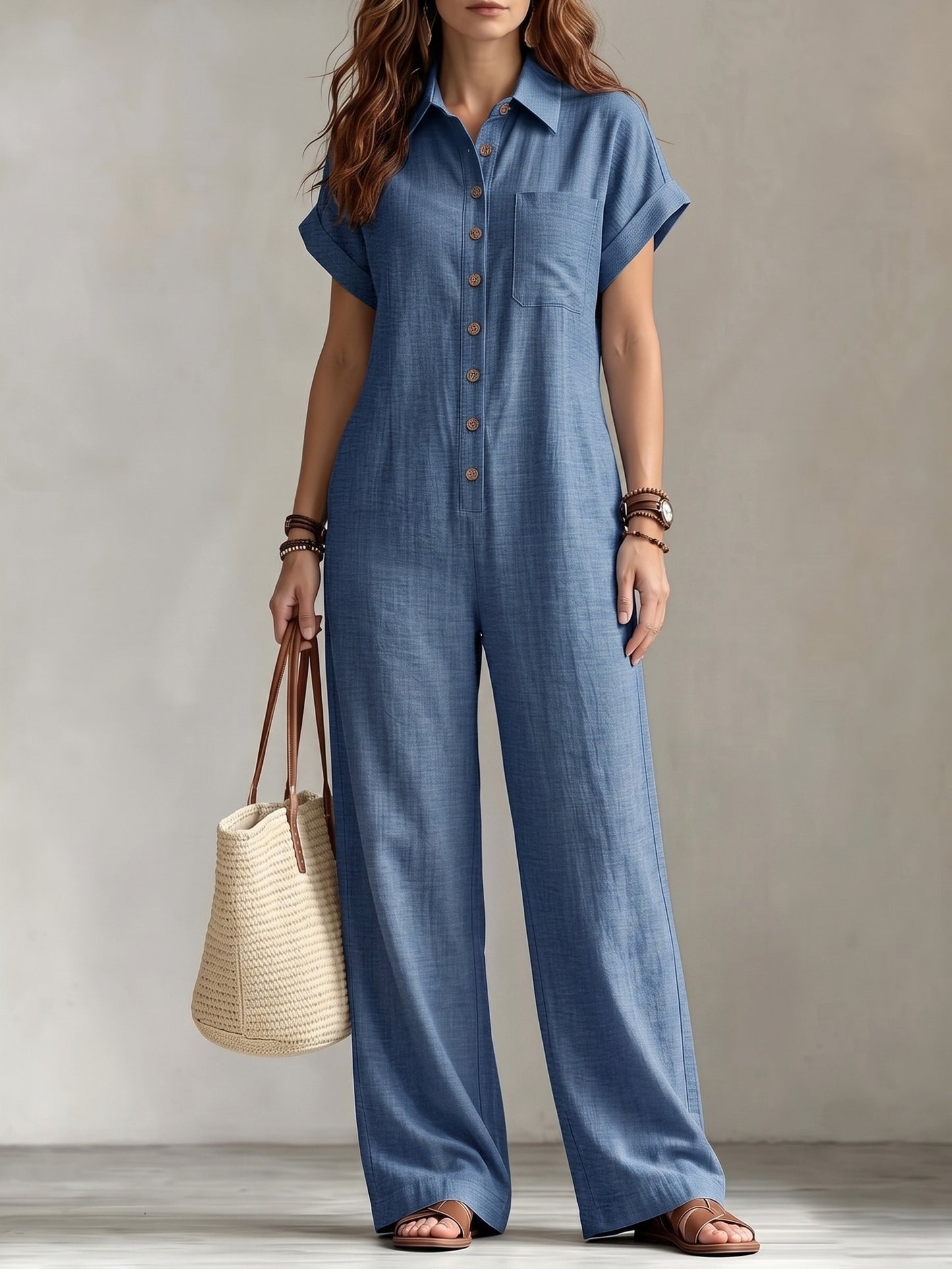 Effortless Linen Wide Leg Jumpsuit for Women with Collar Short Sleeve Button Front Relaxed Style