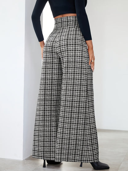 Elegant Multicolor Plaid Wide Leg Pants for Women with High Waist Button Front Pleated Casual Style