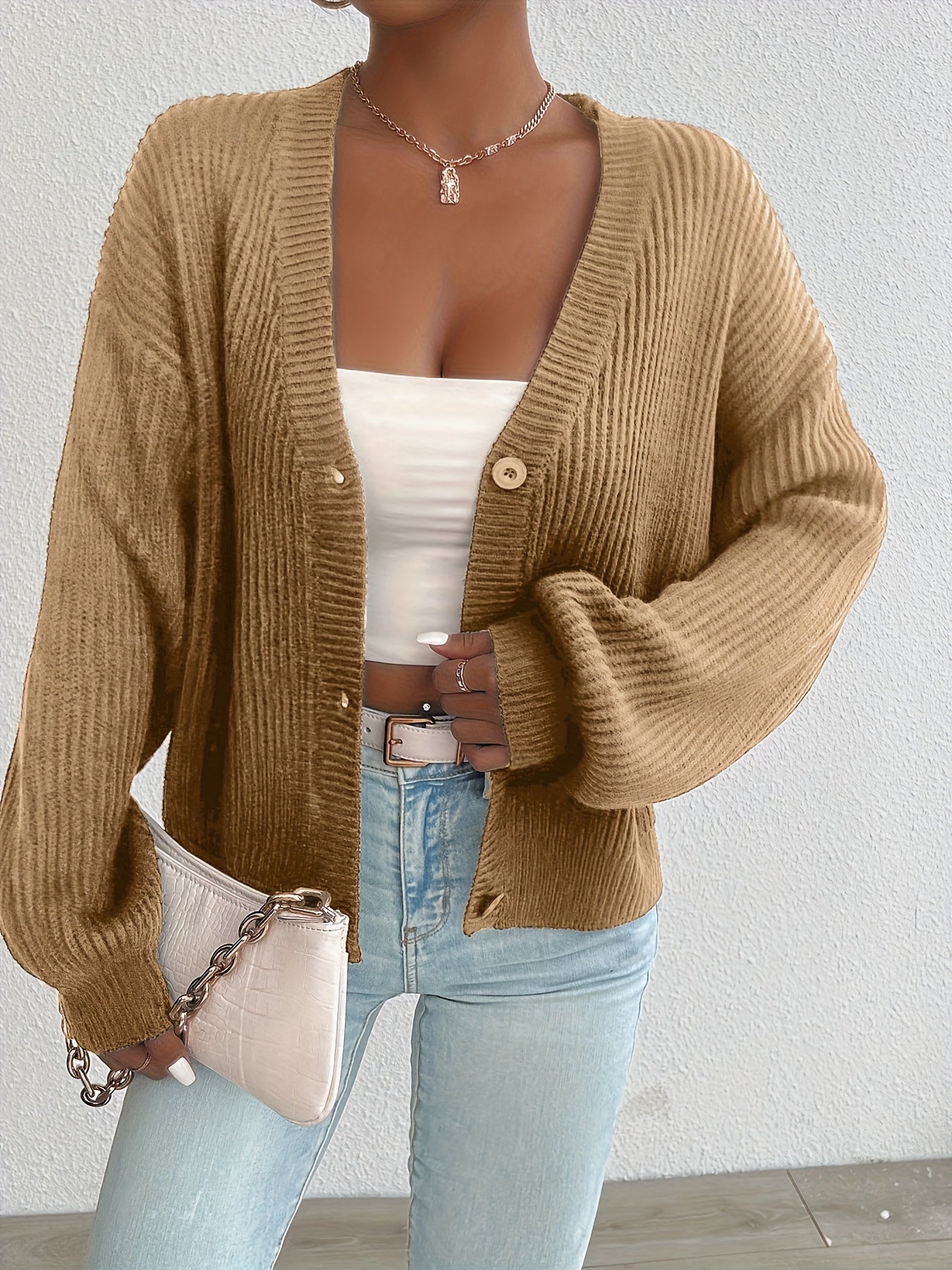 Effortless Ribbed Knit Cardigan Sweater for Women with V Neck Long Sleeve Button Front Oversized Relaxed Style