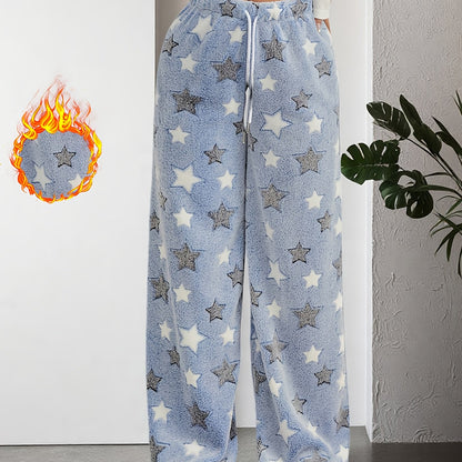 Comfortable Star Print Fleece Pajama Pants for Women with High Waist Drawstring Wide Leg Relaxed Style