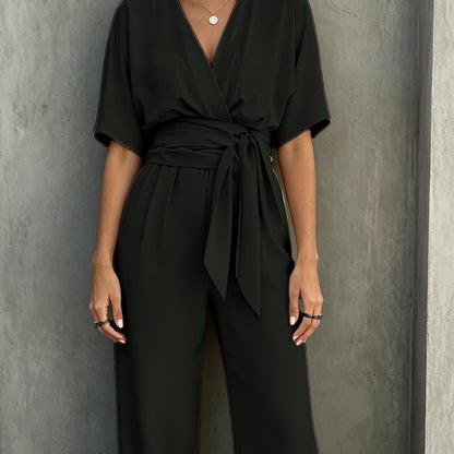 Elegant Wrap Jumpsuit for Women with V Neck Half Sleeve Belted Wide Leg Style