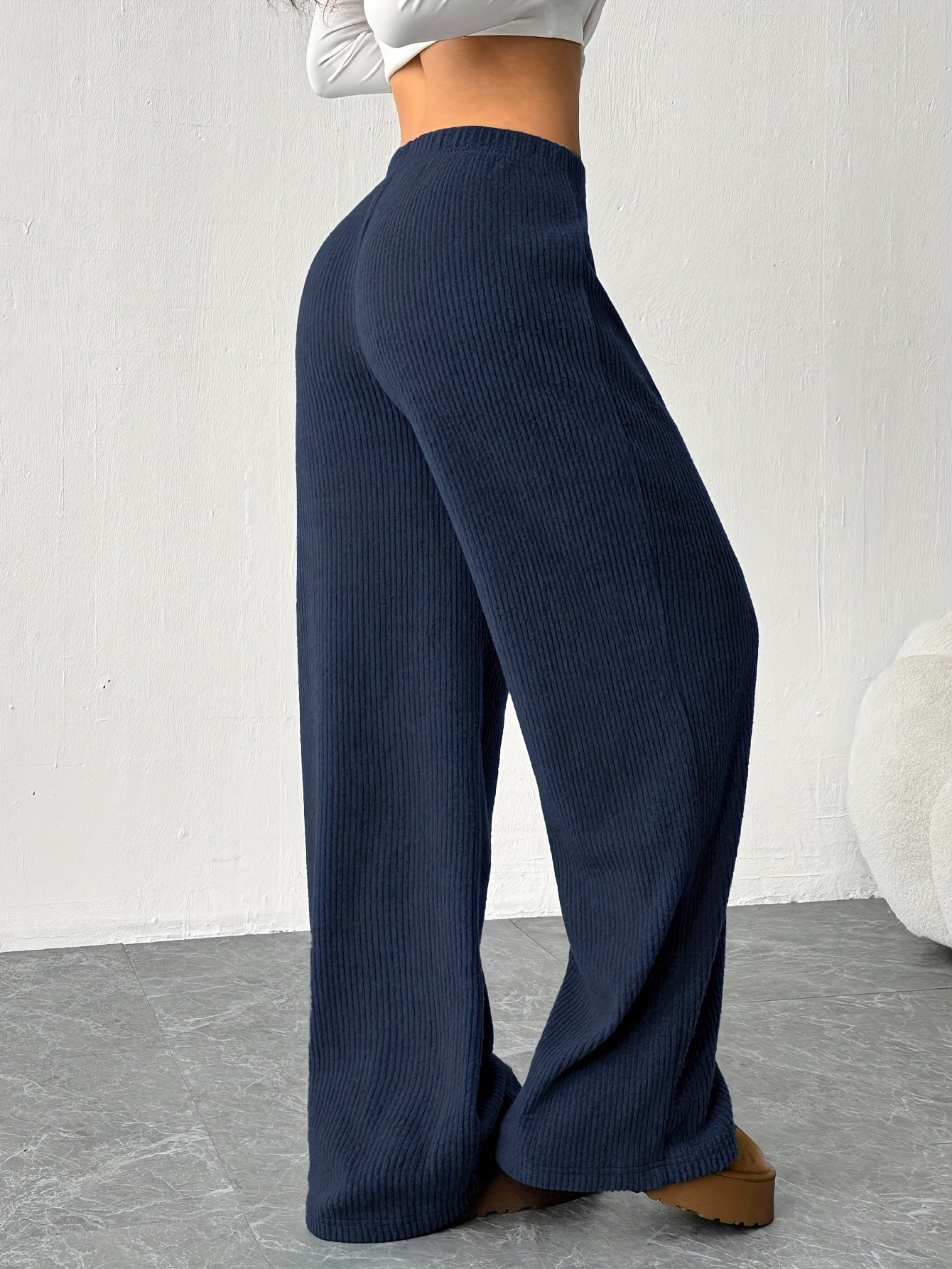 Effortless Ribbed Knit Wide Leg Pants for Women with High Waist Drawstring Relaxed Flowing Casual Style