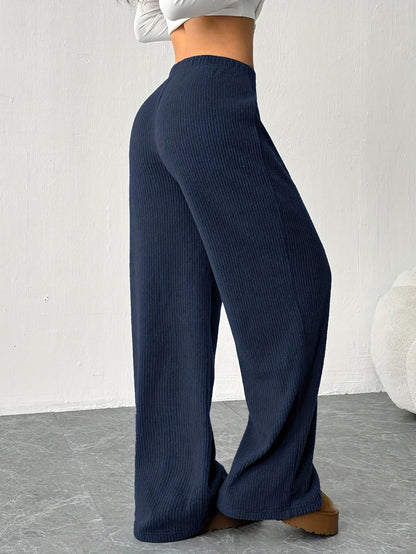 Effortless Ribbed Knit Wide Leg Pants for Women with High Waist Drawstring Relaxed Flowing Casual Style