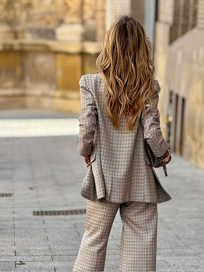 Elegant Plaid Tailored Suit for Women with Lapel Collar Long Sleeve Blazer Wide Leg Two Piece Style