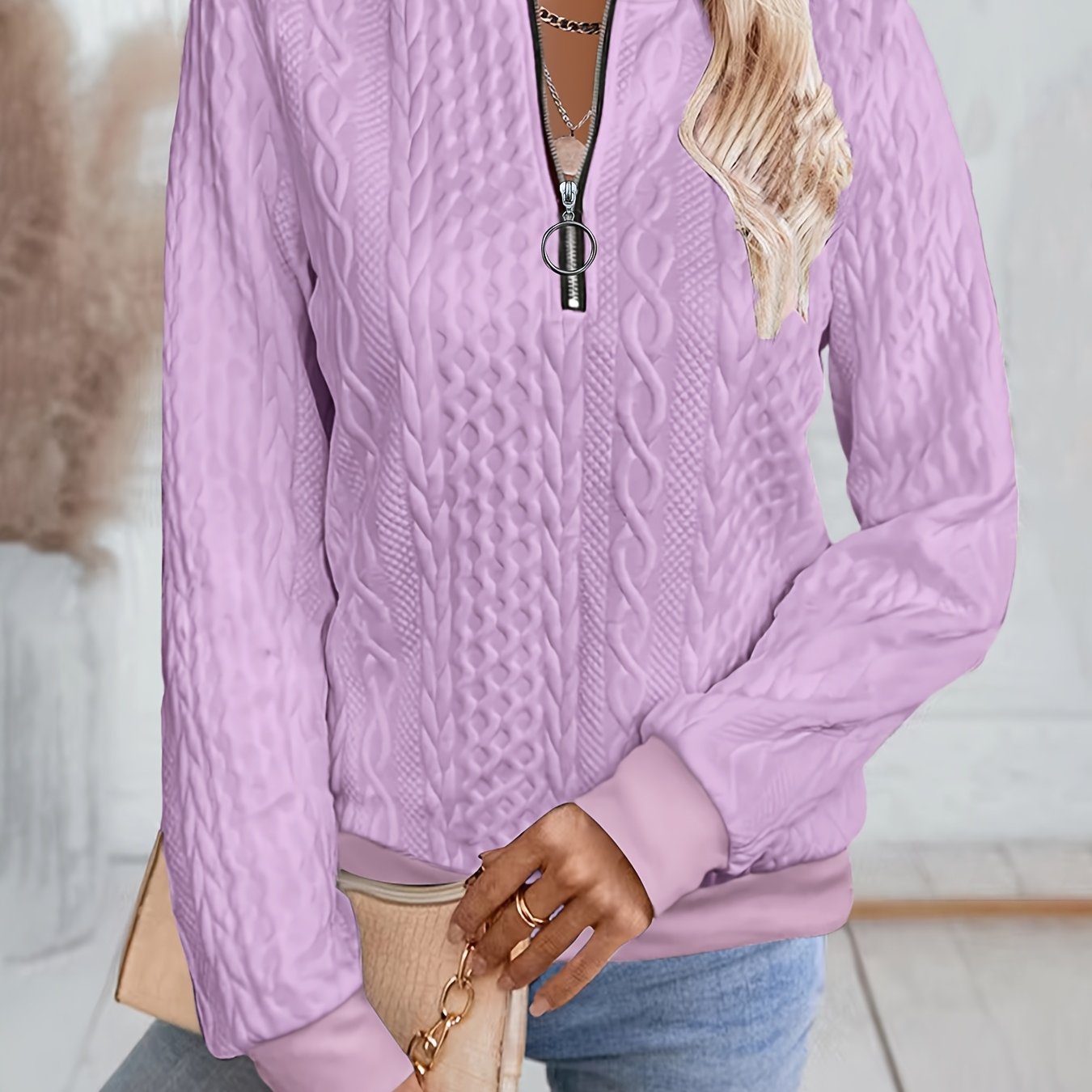 Comfortable Textured Sweater for Women with Zip Neck Long Sleeve Relaxed Oversized Knit Style