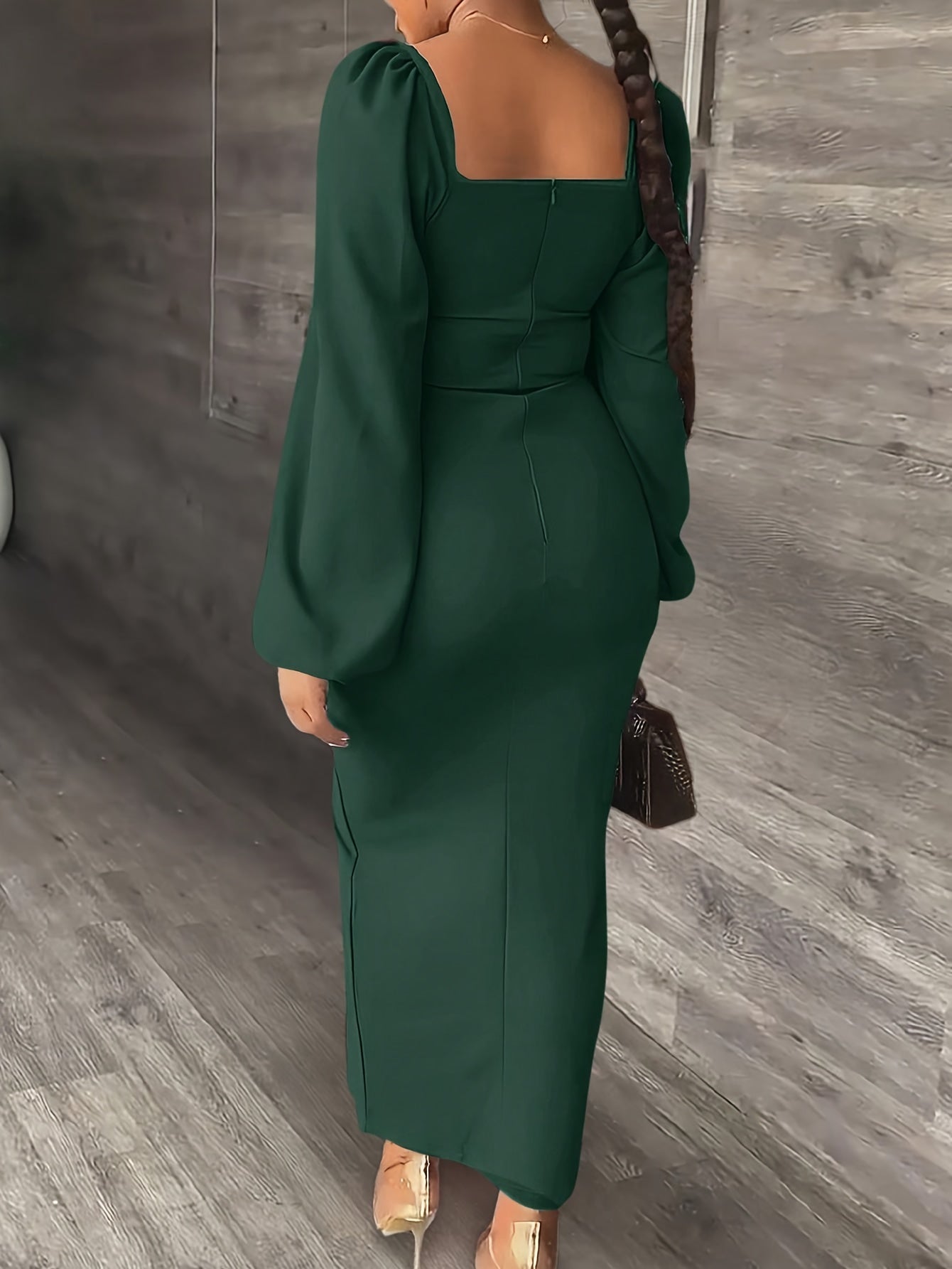 Elegant Bodycon Midi Dress for Women with Square Neck Long Puff Sleeve Side Slit Cocktail Style