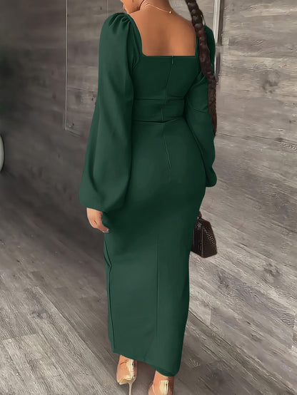 Elegant Bodycon Midi Dress for Women with Square Neck Long Puff Sleeve Side Slit Cocktail Style