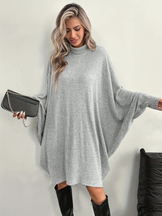 Comfortable Ribbed Knit Sweater Dress for Women with Mock Neck Batwing Sleeve Relaxed Oversized Knit Style