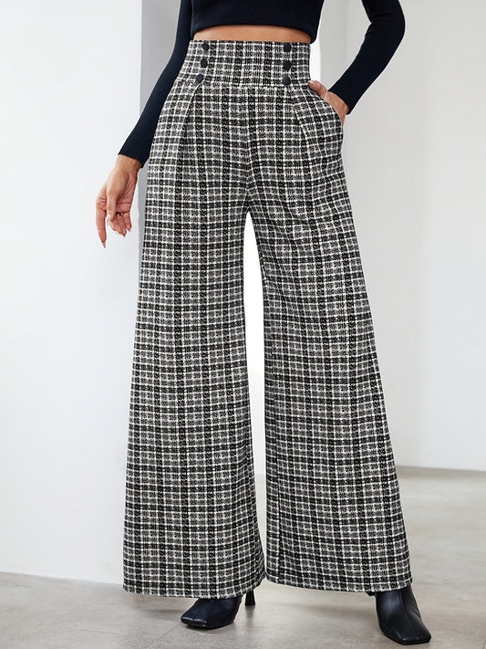 Elegant Multicolor Plaid Wide Leg Pants for Women with High Waist Button Front Pleated Casual Style