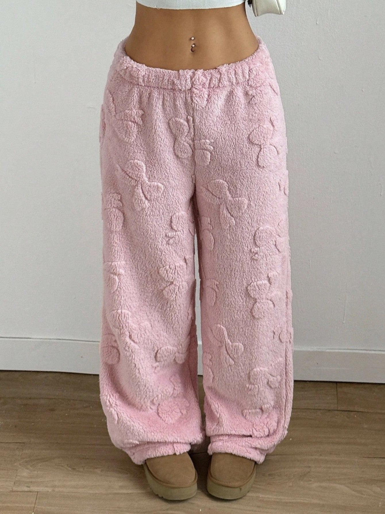 Comfortable Pink Sherpa Wide Leg Pants for Women with High Waist Elastic Bow Print Cozy Style