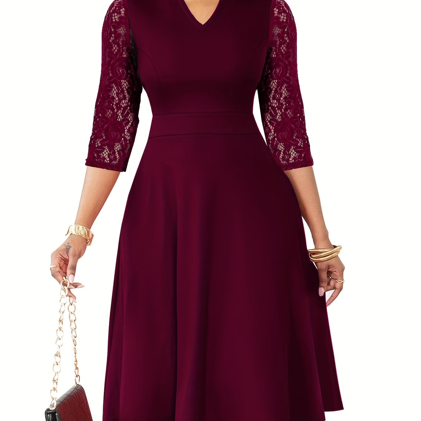 Elegant Lace Midi Dress for Women with Notch Neck Three Quarter Sleeve Fit and Flare Cocktail Style