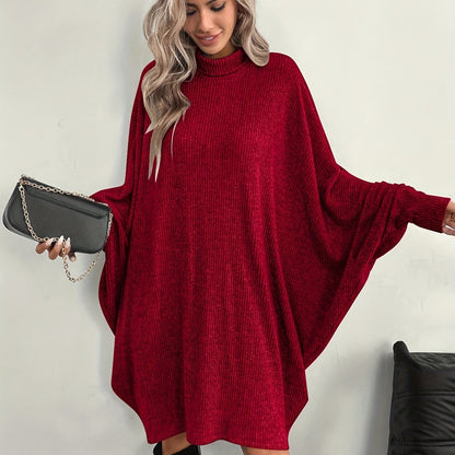 Comfortable Ribbed Knit Sweater Dress for Women with Mock Neck Batwing Sleeve Relaxed Oversized Knit Style