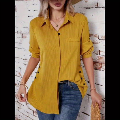 Effortless Striped Tunic Blouse for Women with Collar Long Sleeve Button Front Relaxed Style