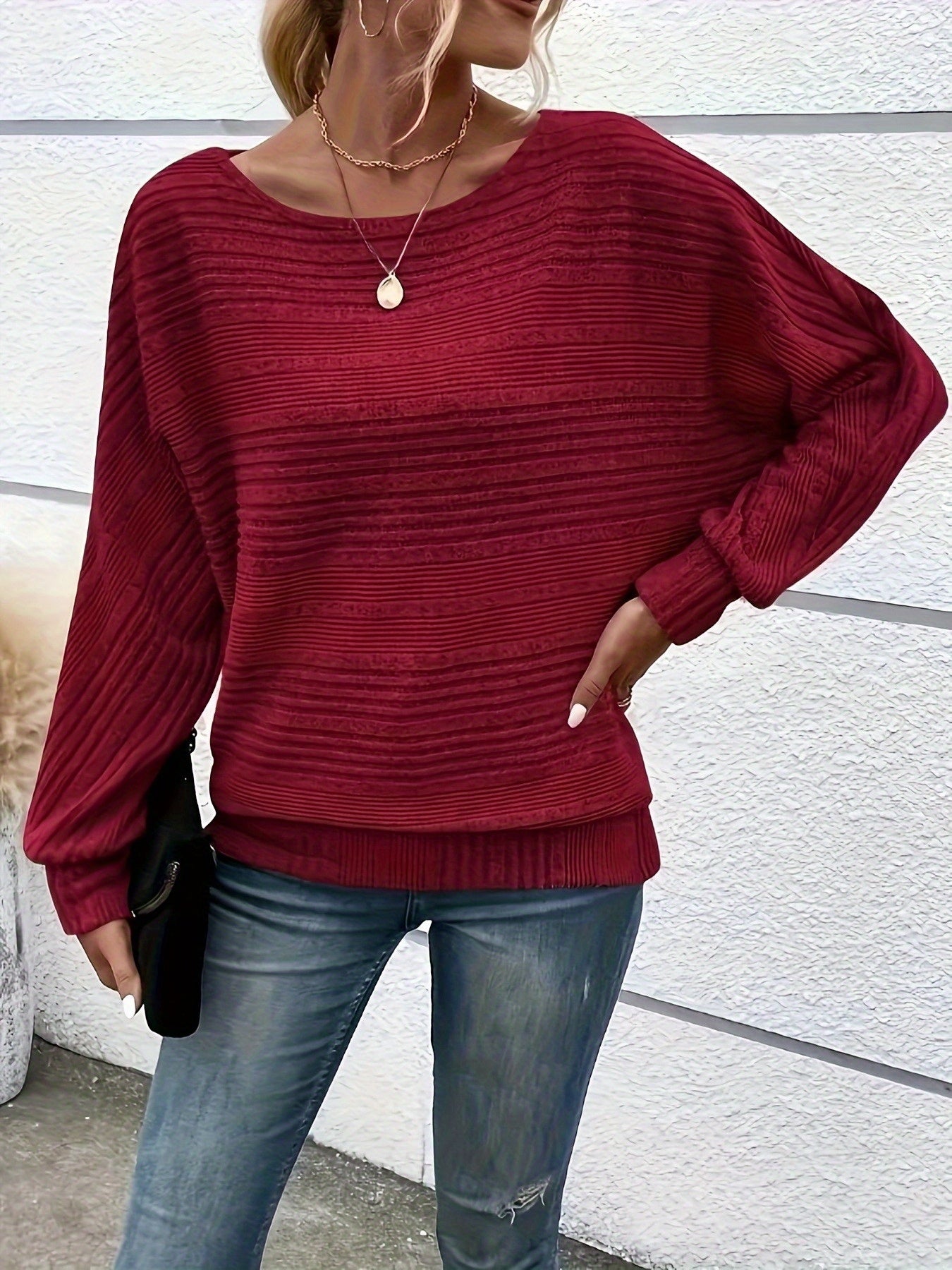 Comfortable Striped Knit Sweater for Women with Boat Neck Batwing Sleeve Ribbed Oversized Style