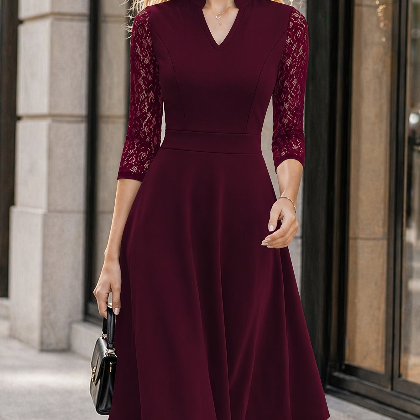 Elegant Lace Midi Dress for Women with V Neck Elbow Sleeve Fit and Flare Cocktail Style