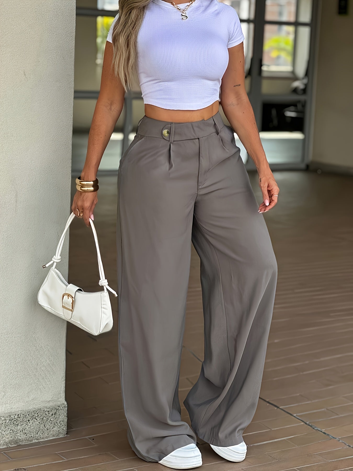 Effortless Wide Leg Trousers for Women with High Waist Pleated Front Button Tab Relaxed Style