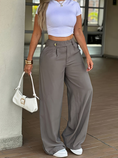 Effortless Wide Leg Trousers for Women with High Waist Pleated Front Button Tab Relaxed Style